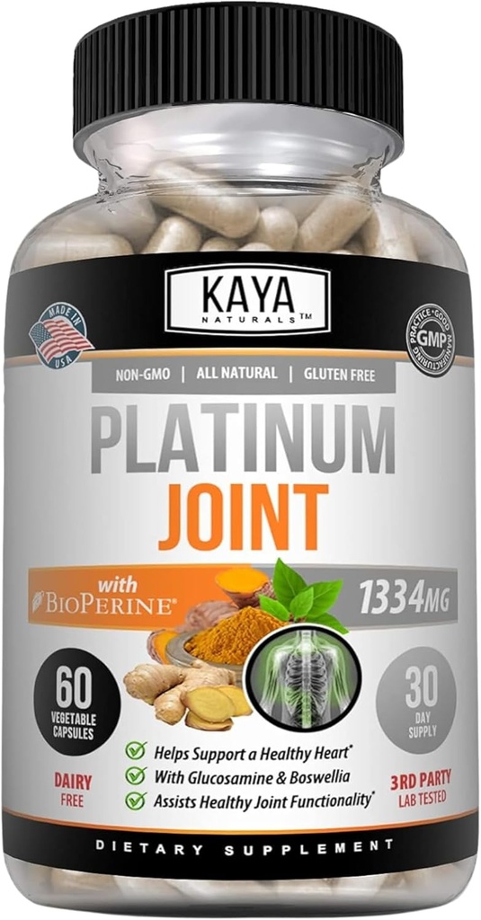 Kaya Naturals Platinum - Nature Made Bioperine, Glucosamine, Turmeric with Boswellia, Healthy Antioxidant Properties, Turmeric Curcumin 1334mg - 60 Capsules