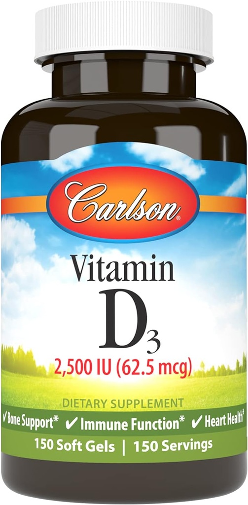 Carlson - Vitamin D3, 2500 IU (62.5 mcg), Immune Support, Bone Health, Muscle Health, Cholecalciferol, Vitamin D Supplements, Vitamin D3 Soft Gels, 150 Softgels