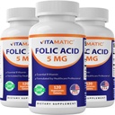 Vitamatic Folic Acid 5mg (5000 mcg) – 120 Vegetarian Tablets per Bottle – Vitamin B9 (Folate) – 3-Pack | Total 360 Tablets