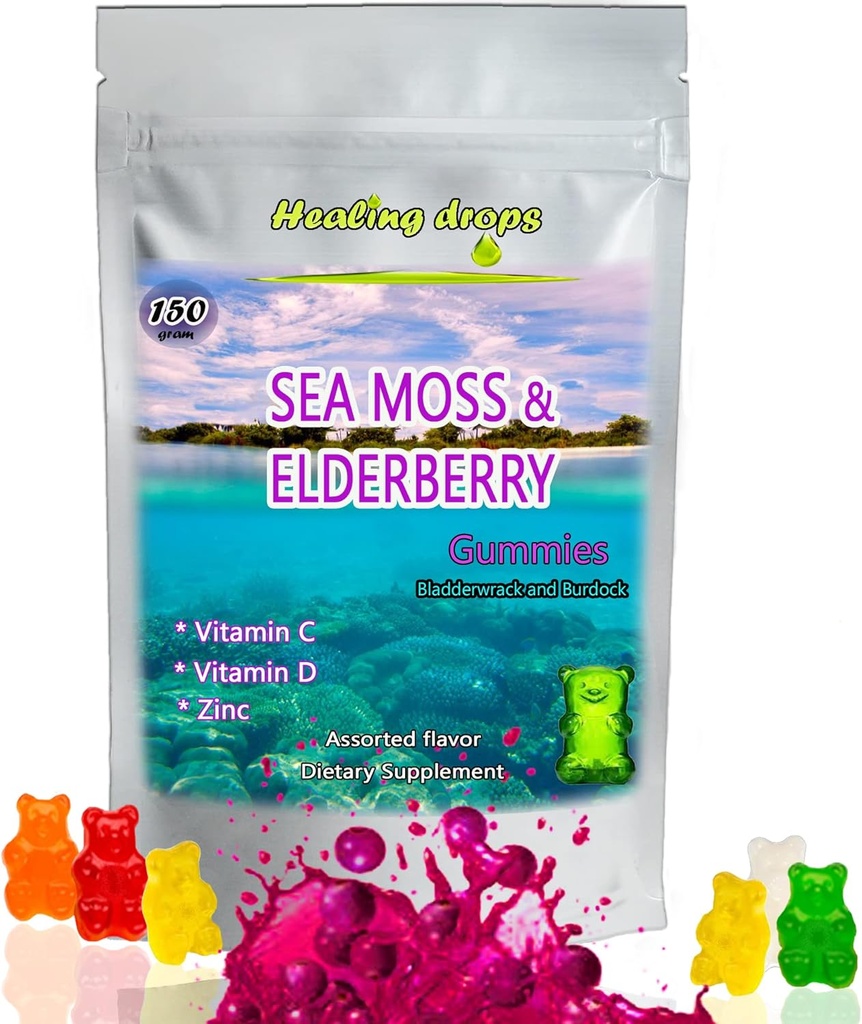 Irish Sea Moss Gummies – Raw Organic Wildcrafted Sun-Dried Seamoss Powder Gel - with Bladderwrack Burdock Root – Alkaline Keto Vegan Non-GMO Diet – Skin Detox (Elderberry-Mix)