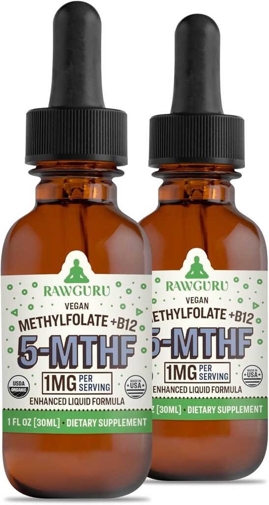 RawGuru Methylfolate 1mg+ Vitamin B12 - Organic Vegan Methylated B12 with Trace Minerals - Nano-Processed & Enhanced Liquid Formula - 300 Servings of Vegan Drops per 30 ml, Pack of 2