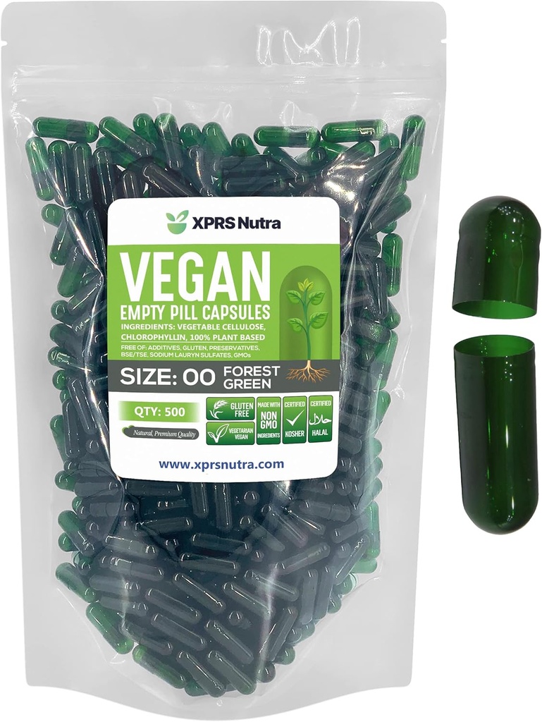 XPRS Nutra Size 00 Empty Capsules - 500 Count Empty Vegan Capsules - Vegetarian Empty Pills - DIY Vegetable Capsule Filling- Veggie Pill Caps (Forest Green)
