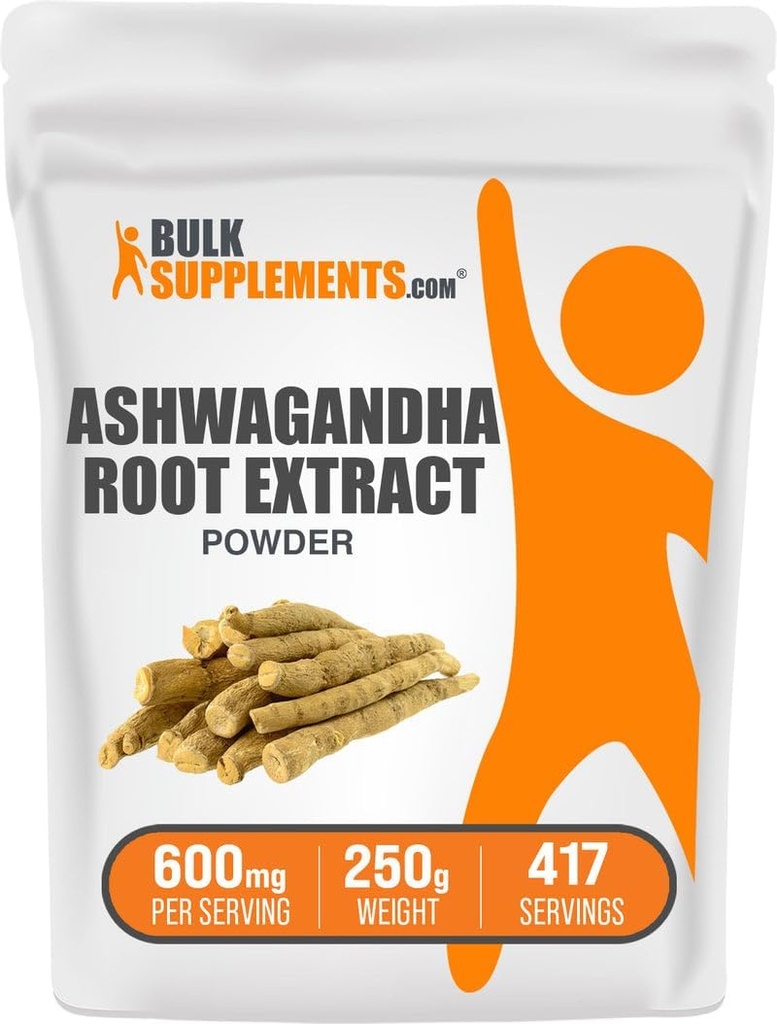 BulkSupplements.com Ashwagandha Root Extract Powder - Ashwagandha Supplement, Herbal Supplement - Vegan & Gluten Free, 600mg per Serving, 250g (8.8 oz) (Pack of 1)