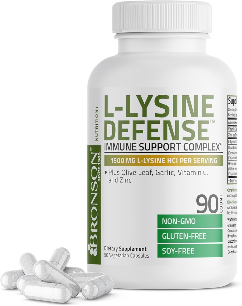 Bronson L-Lysine Defense Immune Support Complex 1500 MG L-Lysine Plus Olive Leaf, Garlic, Vitamin C and Zinc - Non-GMO, 90 Vegetarian Capsules