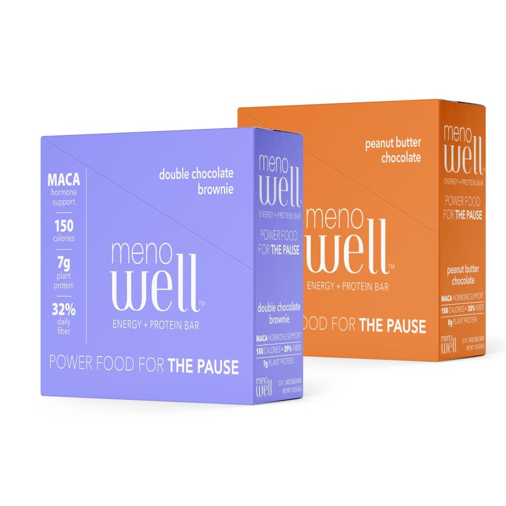 MenoWell Menopause Energy and Protein Bars for Women (Formally Bossa Bar), Double Chocolate Brownie (10 Count) and Peanut Butter Chocolate (10 Count), High Fiber and Protein, 20 Count (1 Box of Each)