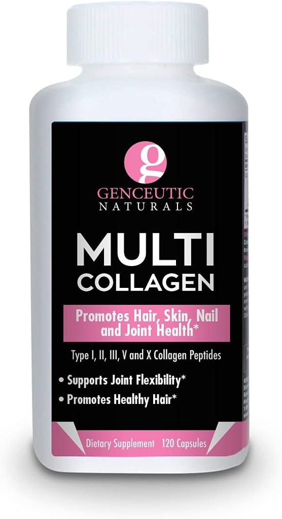 Genceutic Naturals Multi Collagen Capsules Types I, II, III, V & X - 120 Veg Caps -for Healthy Hair Skin, Nails 1500mg Non-GMO, Pasture-Raised, cage Free and Cruelty Free Source