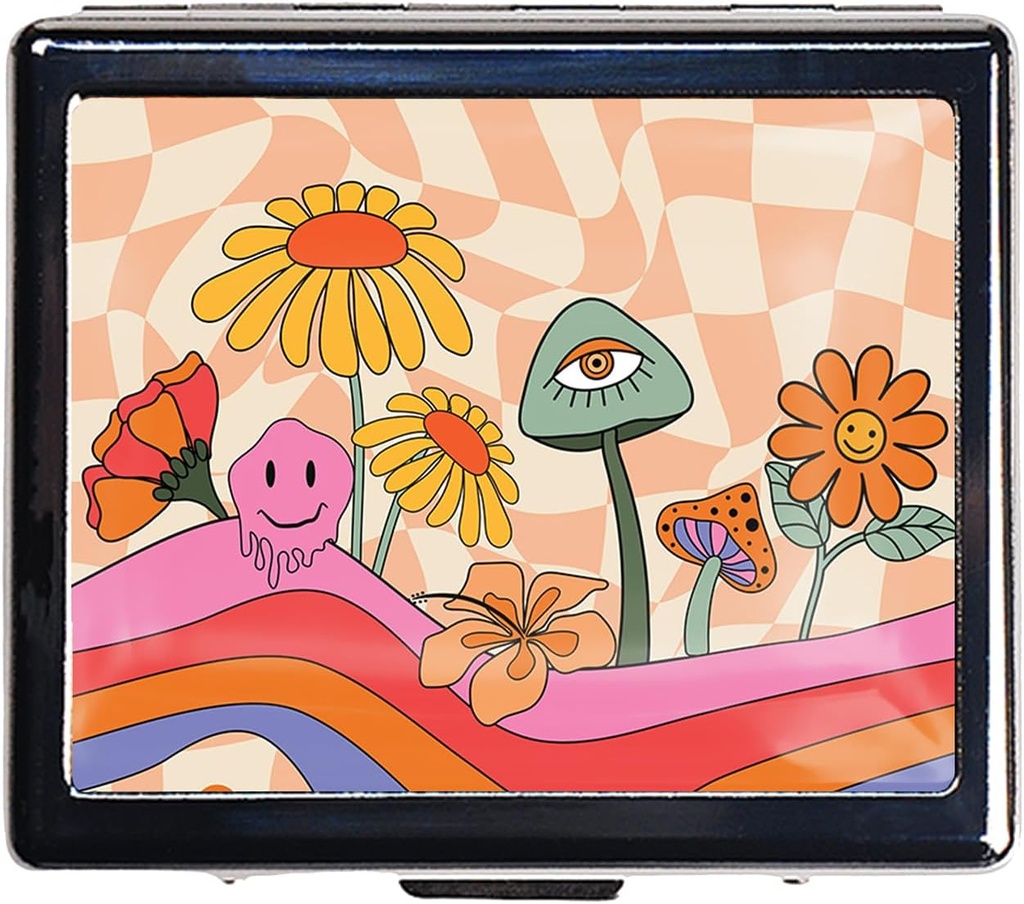 Silver Vintage Pill Box 7 Day Metal Pill Box with Mirror and 8 Compartments Cute Travel Pill Organizer for Purse (Rainbow Flowers)