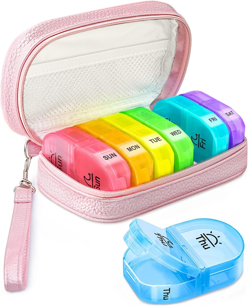 Cute Pill Organizer 2 Times a Day, PU Leather Pill Case for Women, Portable Weekly Pill Box for Purse with Storage Bag to Hold Vitamins, Medications, Fish Oils, Supplements (Pink)
