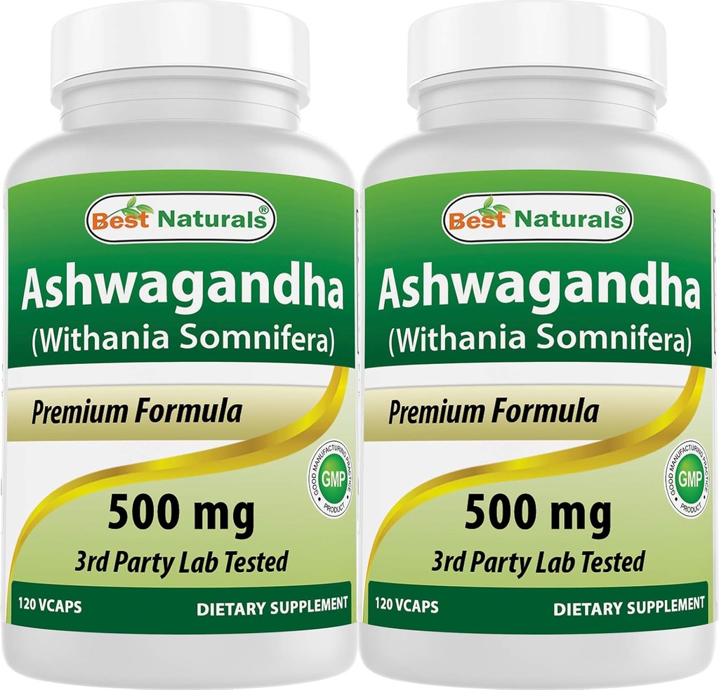 Best Naturals 2 Pack Ashwagandha Capsules for Relaxing Stress and Mood, 500 mg, 120 Count (Total 240 Capsules)