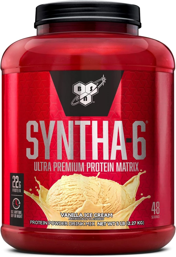 BSN SYNTHA-6 Whey Protein Powder, Micellar Casein, Milk Protein Isolate Powder, Vanilla Ice Cream, 5 Pounds, 48 Servings (Pack of 1) - Package May Vary