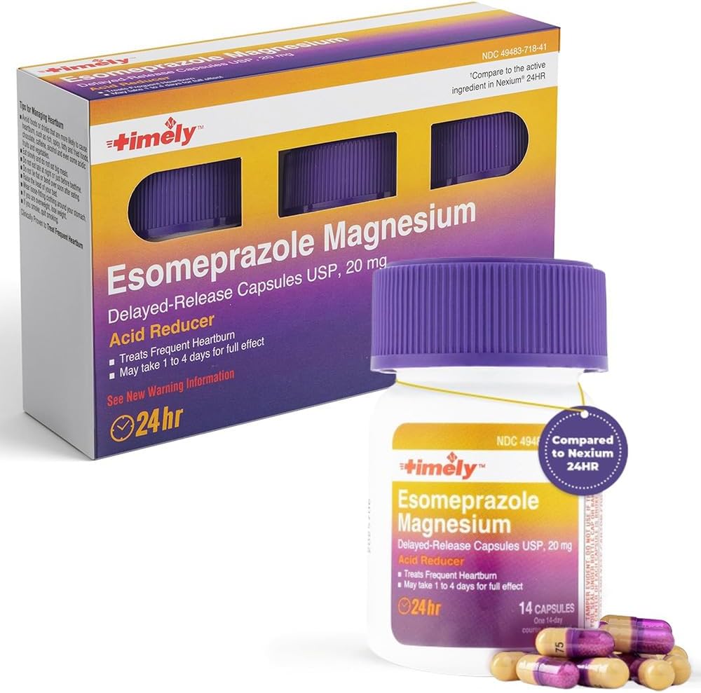 Timely Esomeprazole Magnesium 20mg Antacid Pills - Stomach Acid Reducer, Frequent Heartburn Relief & Acid Reflux Medicine - 24 Hour Esomeprazole Delayed Release Capsules - 42 Count