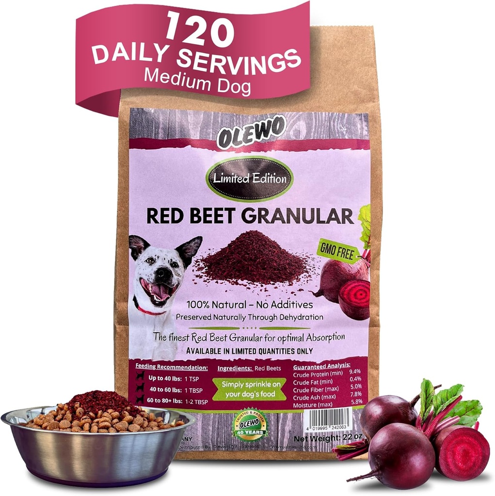 Olewo Red Beets for Dogs Granular – Natural Anti Itch Dog Food Topper, Immune, Cleansing, Skin & Coat Support, Dehydrated Whole Food Multivitamin & Fiber, 22 oz