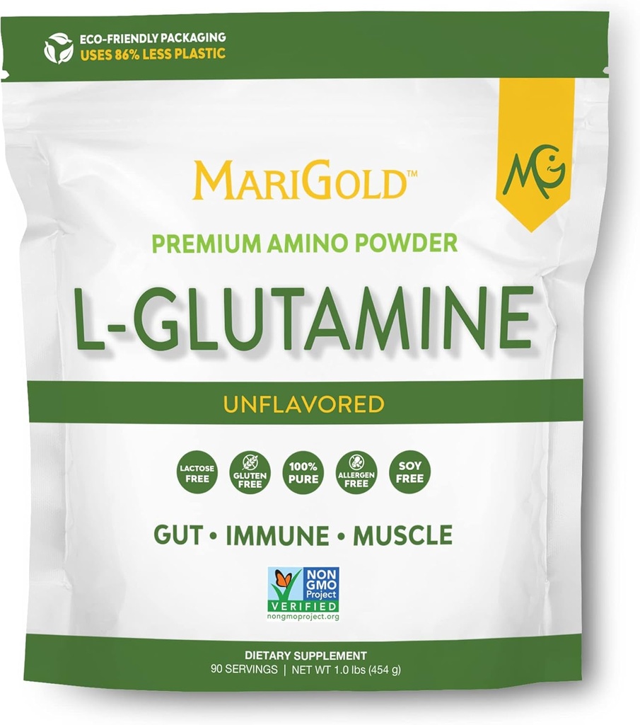 MariGold Pure Unflavored L-Glutamine Powder - Healthy Gut, Immune, and Muscle Support, Non-GMO, Gluten Free, Soy & Allergen Free (5g / 5000mg per Serving)