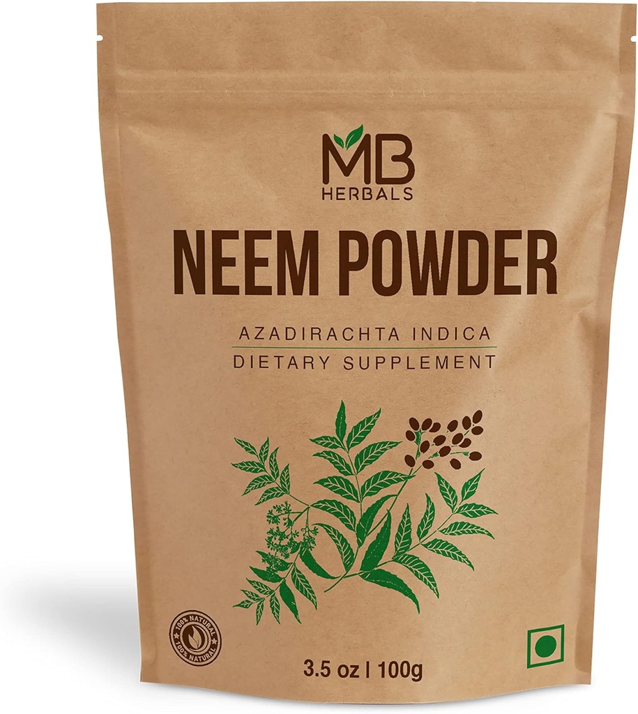 MB Herbals Pure Neem Leaf Powder 100 Gram / 3.5 oz | Azadirachta Indica | Wildcrafted Bitter Neem Supplement Skin and Hair Care