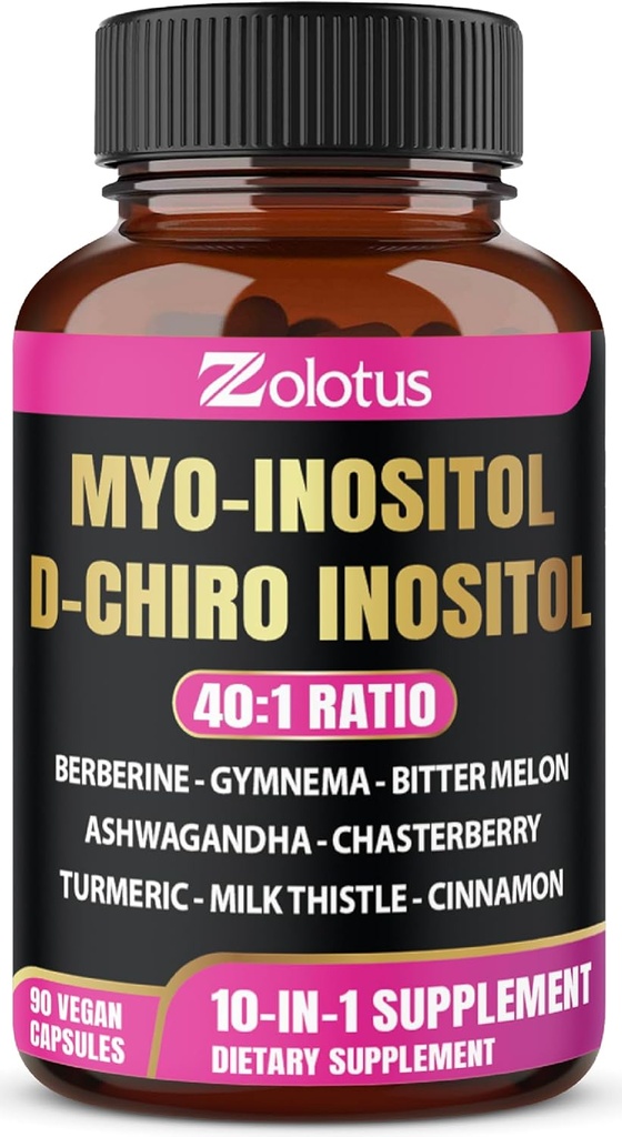 Zolotus Myo-Inositol & D-Chiro Inositol Ideal Ratio Inositol Supplement with Bitter Melon, Milk Thistle, Turmeric, Gymnema, Chasteberry, Ceylon Cinnamon, Ashwagandha, Berberine - 90 Capsules
