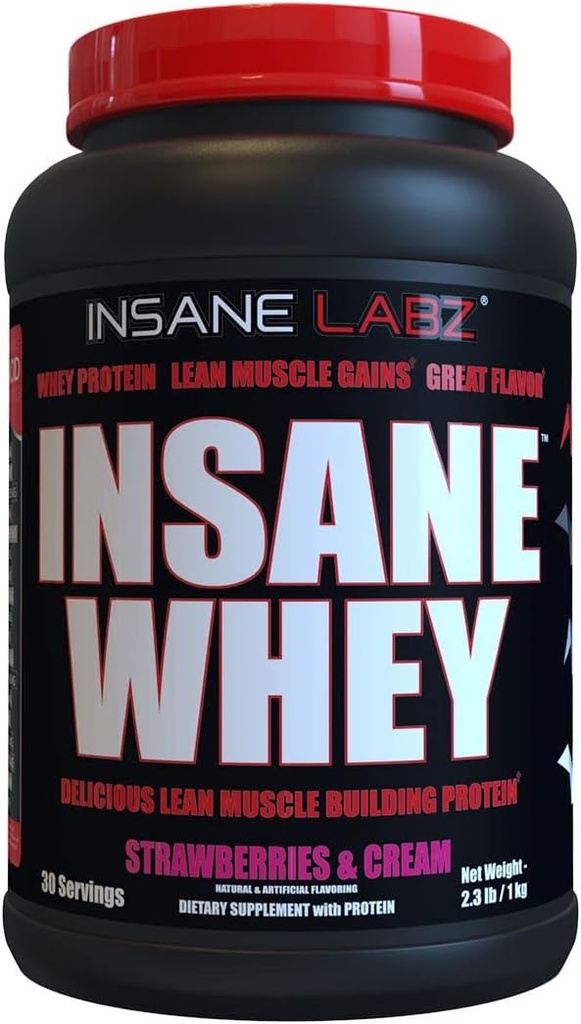 Insane Labz Insane Whey,100% Muscle Building Whey Protein, BCAA Amino Profile, Mass Gainer, Meal Replacement (Strawberries & Cream, 30 Servings)