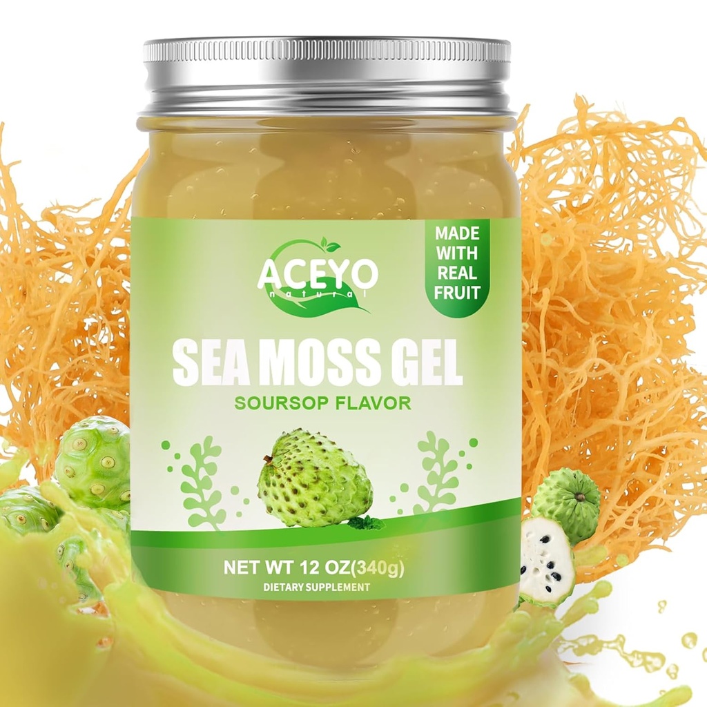 ACEYO (12 OZ) Irish Sea Moss Gel Organic Raw Vegan Soursop Flavor 102 Vitamins and Minerals Wild Harvested Non-GMO Immune & Digestion Support