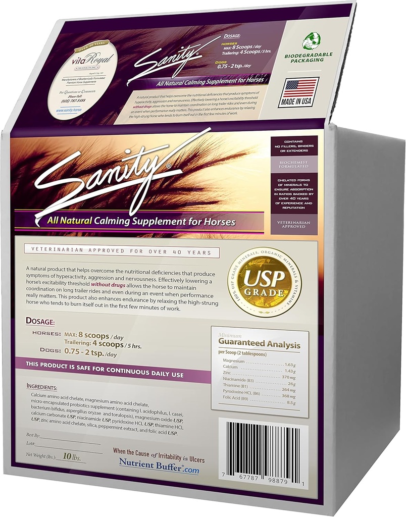 Sanity - Equine Behavioral Calming Focus Supplement for Horses - Magnesium, Calcium, Zinc, B Vitamins, Amino Acids, Probiotics, Thiamine, Folic Acid, Niacin, Peppermint & More