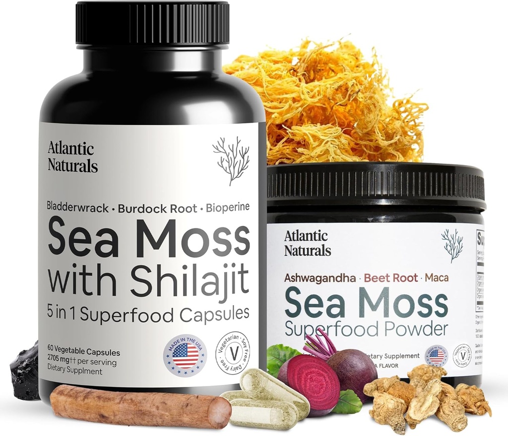 Atlantic Naturals Sea Moss Superfood Bundle - Sea Moss with Shilajit 5-in-1 Capsules & Sea Moss Powder with Ashwagandha, Beet Root & Maca Root - Enhanced Vitality, Skin & Athletic Support 60 ct & 150g
