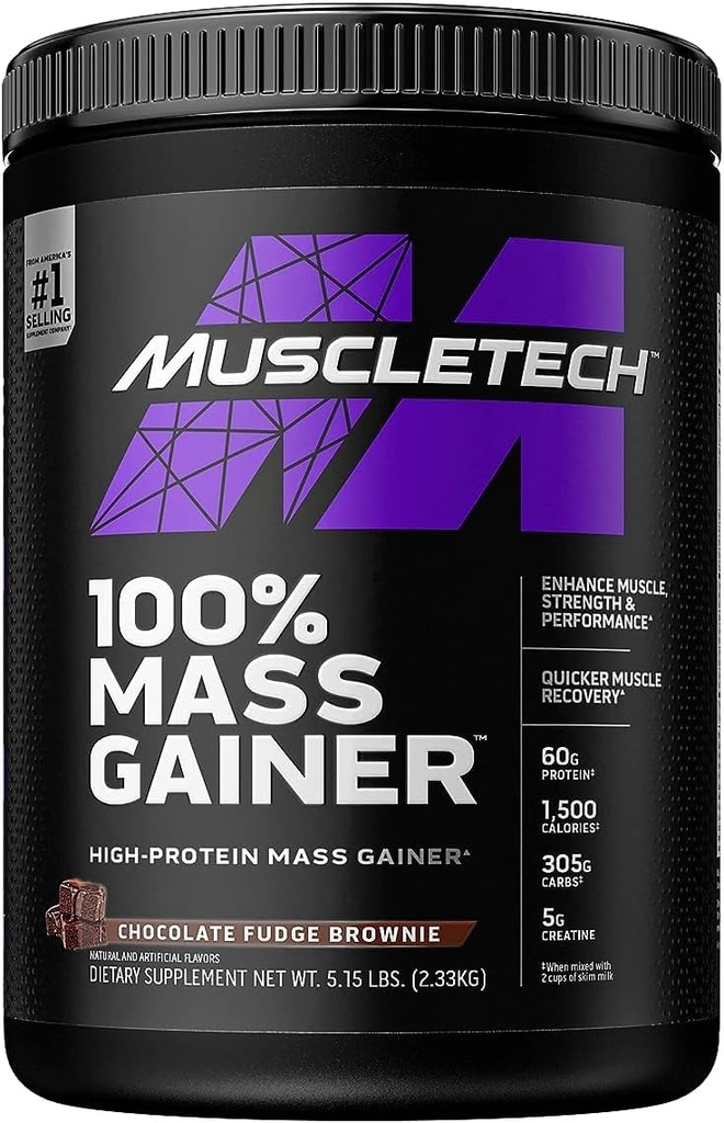 MuscleTech High Protein Mass Gainer for Men & Women - Protein Powder Shakes for Weight Gain, Muscle Building & Recovery with Creatine Monohydrate - Chocolate Fudge Brownie, 5.15 Pound