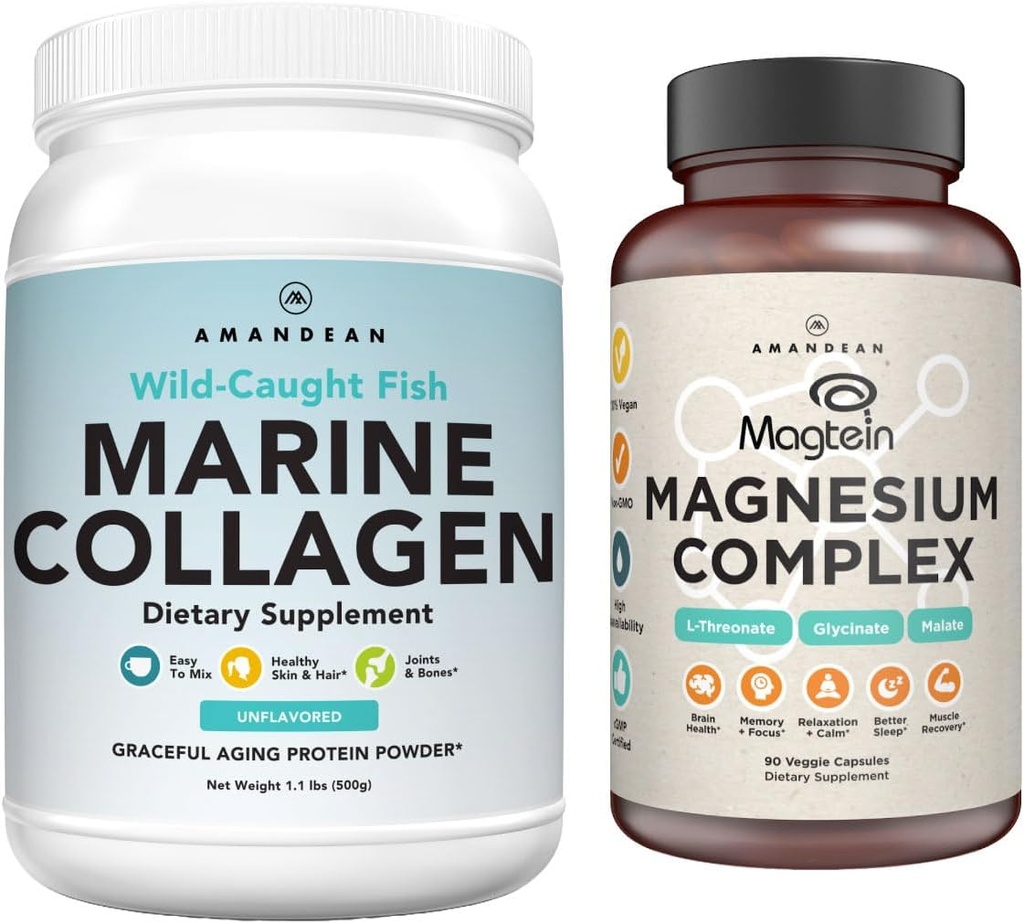 AMANDEAN Premium Magnesium Complex & Marine Collagen Bundle. High-Absorption Magnesium Threonate, Glycinate & Malate. Wild-Caught Hydrolyzed Fish Collagen Protein. Support Quality Sleep, Skin & Mood