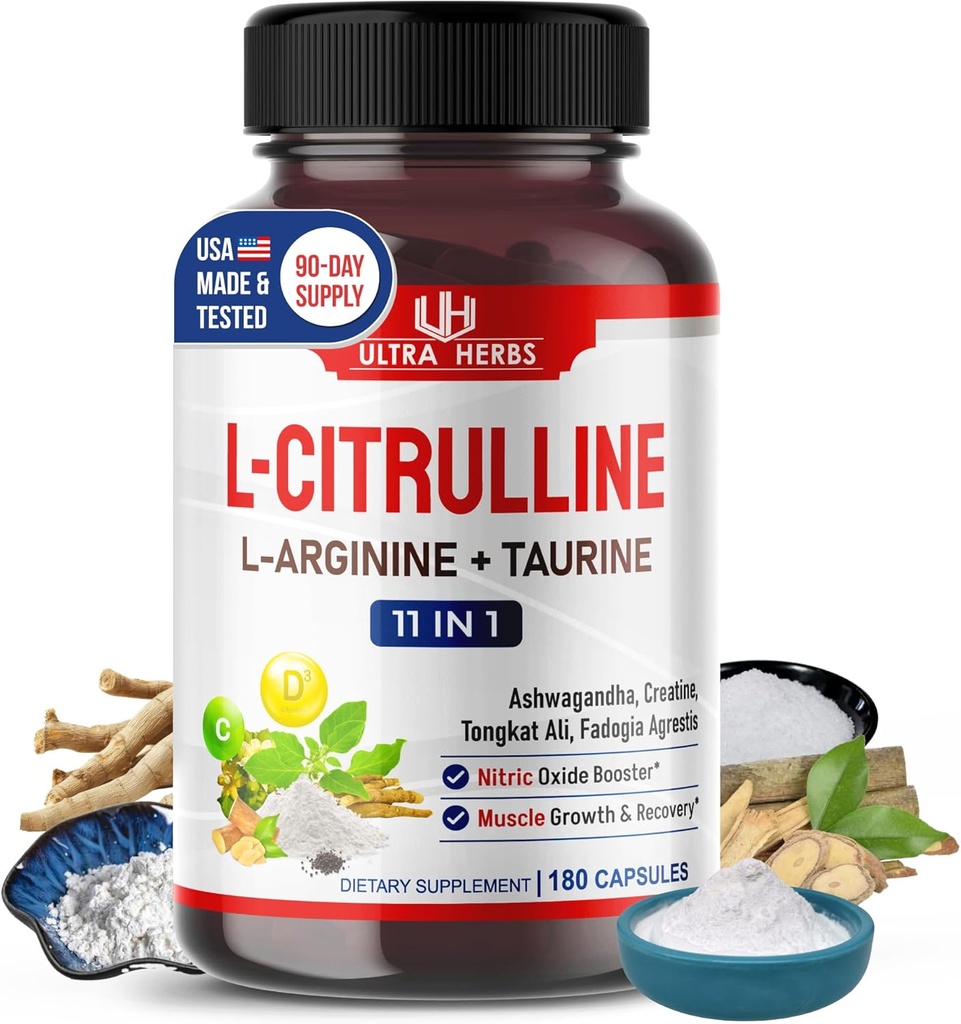 L-Citrulline Supplement Capsules Enriched with L-Arginine, Taurine, Creatine, Tongkat Ali, Fadogia Agrestis | Ultra Nitric Oxide Booster for Muscle Endurance, Stamina & Recovery | 180 Capsules