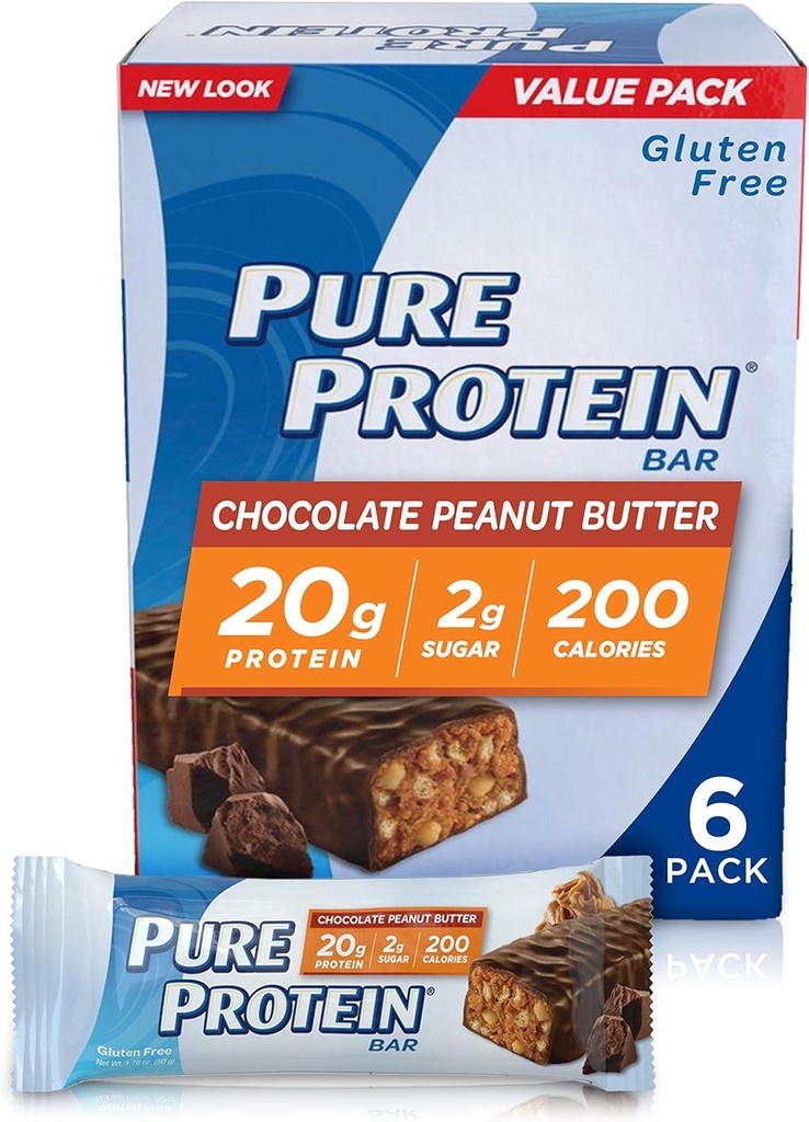 Pure Protein--High Protein Bar Chocolate Peanut Butter--Protein Bars--20 Grams of Protein per Bar--Gluten Free--6-1.76-Ounce Bars