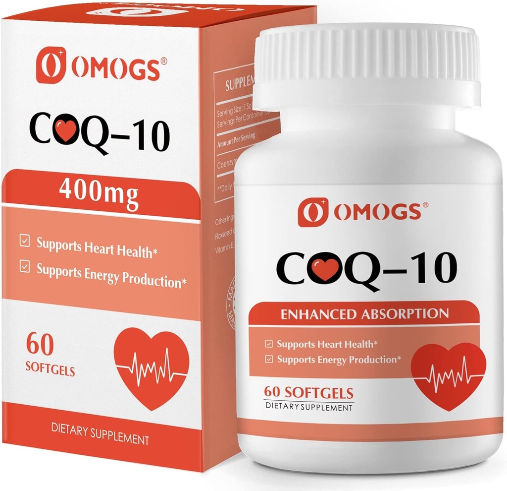 OMOGS CoQ10 400mg Softgels, Coenzyme Q10 High Absorption Supplements Support Heart Health, Cardiovascular Health, Immune System & Cellular Energy Production, Gluten Free, 60 Softgels