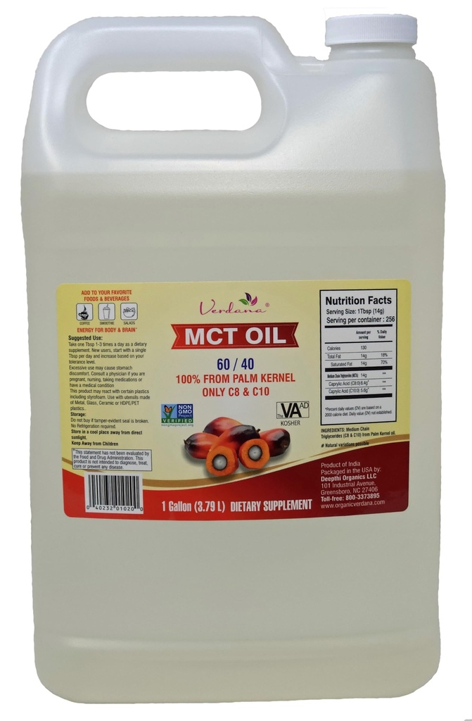 Verdana Food Grade MCT Oil – 1 Gallon (128 Fl Oz) – Premium C8/C10 Triglycerides – Keto & Paleo Friendly – Non-GMO, Kosher – Trusted Brand for Energy, Sports Nutrition, Aromatherapy & Massage