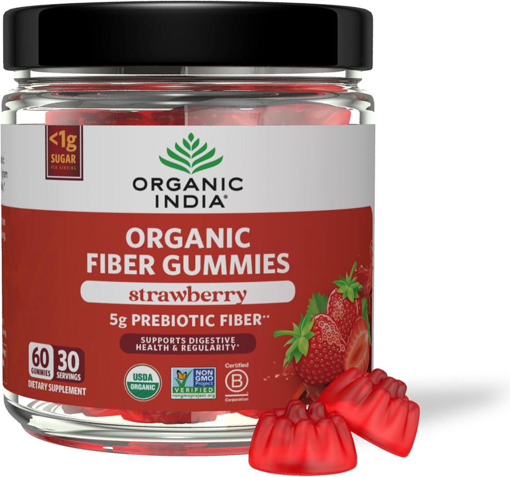 ORGANIC INDIA Fiber Gummies for Adults - Prebiotic Fiber, Dietary Supplement, Digestive Health for Men & Women, Vegan, Low Sugar, Non-GMO - Strawberry, 60 Gummies