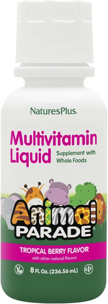 NaturesPlus Animal Parade Children's Liquid Multivitamin - Tropical Berry Flavor - 8 fl oz - Whole Food Supplement - Vegetarian, Gluten Free - 16 Servings