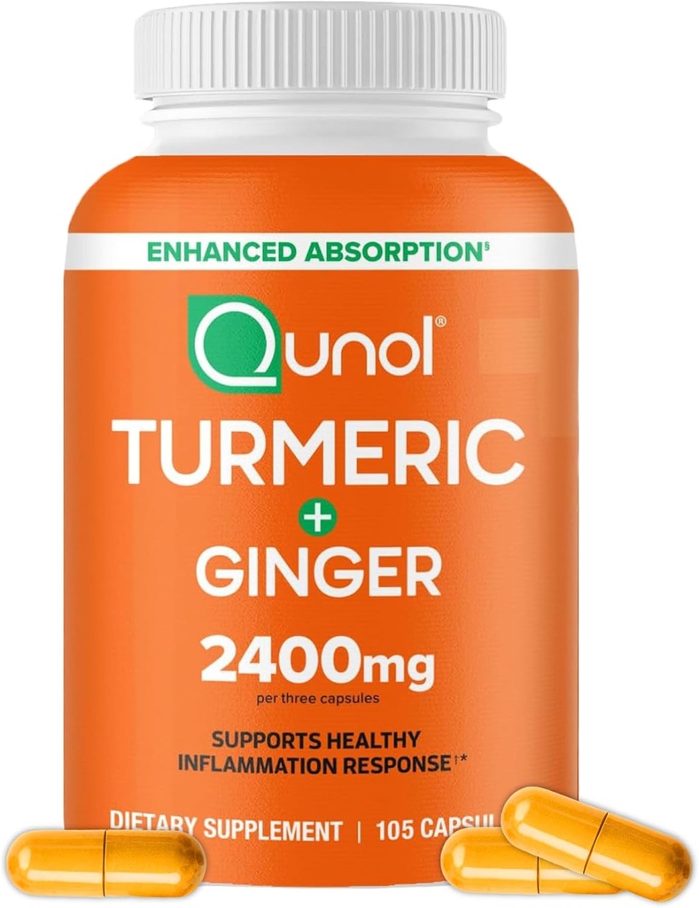 Qunol Turmeric Curcumin with Black Pepper & Ginger, 2400mg Turmeric Extract with 95% Curcuminoids, Extra Strength Supplement, Enhanced Absorption, Joint Support Supplement, 105 Count