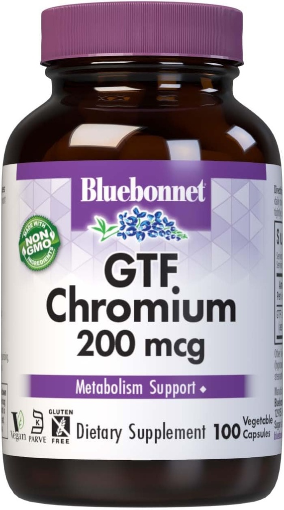 Bluebonnet Nutrition GTF Chromium 200 mcg, Soy-Free, Gluten-Free, Non-GMO, Kosher Certified, Dairy-Free, Vegan, 100 Vegetable Capsules