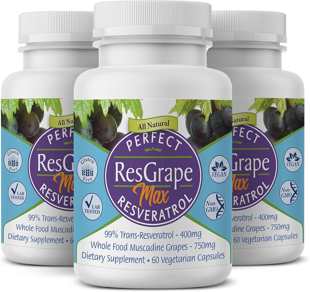 Perfect ResGrape Max, 60 vegetable capsules per bottle(Pack of 3) ~ 99% Trans-Resveratrol & Muscadine Grape ~ Anti-Aging Supplement & Potent Antioxidant