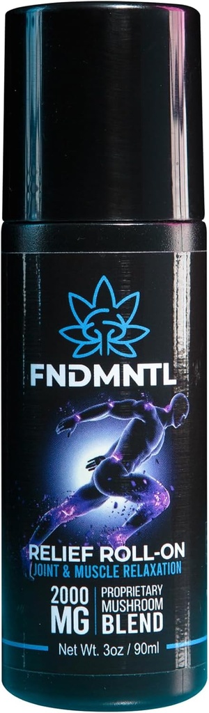 FNDMNTL Relief Roll-On with 2000mg Functional Mushroom Blend for Joint & Muscle Relaxation, No Mess Applicator, 3oz