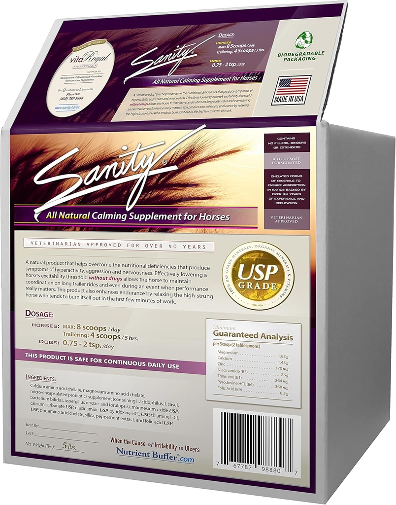 Sanity - Equine Behavioral Calming Focus Supplement for Horses - Magnesium, Calcium, Zinc, B Vitamins, Amino Acids, Probiotics, Thiamine, Folic Acid, Niacin, Peppermint & More