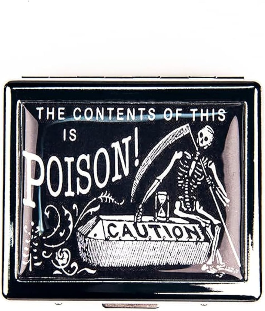 Vintage Poison Caution 7 Days Chromed Shiny Silver Pill Organizer with Mirror Inside Has 8 Separate Compartments Rectangle 7 Days Pill Box Pill Case