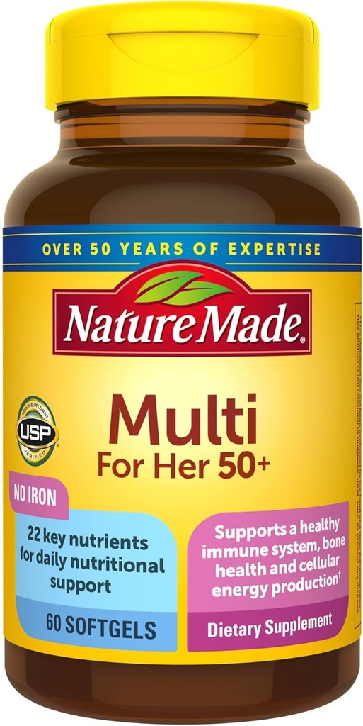 Nature Made Multivitamin For Her 50+ with No Iron, Womens Multivitamin for Daily Nutritional Support, Multivitamin for Women, 60 Softgels, 60 Day Supply