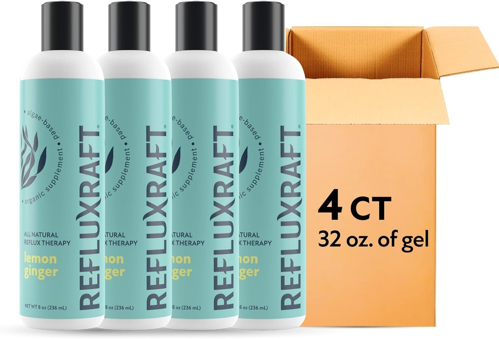 Acid Reflux Therapy, Organic Alginate, Rapid & Long Lasting Gerd, LPR & Digestion Symptom Support, Zero Sugar, Gluten Free, Low Sodium, Lemon Ginger, 47 Gel Servings Per 8 OZ Bottle, 4 Pack
