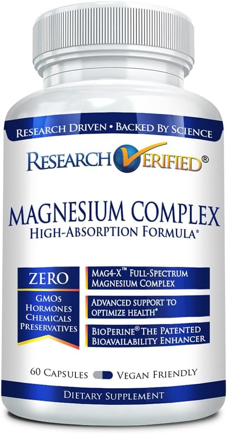 Research Verified Magnesium Complex - Brain, Muscle and Nerve Support - Magnesium Bisglycinate, Malate, Citrate, and Oxide - Bioperine - Vegan - 60 Capsules - Pack of 1