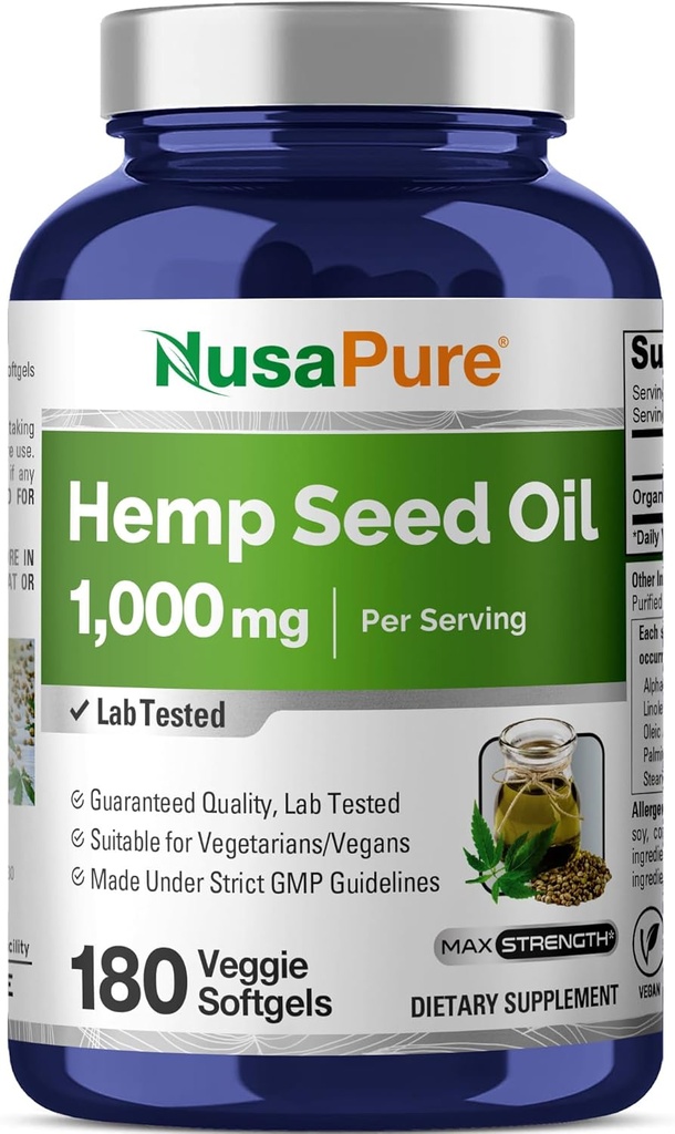 NusaPure Hemp Oil 1,000mg Per Serving, 180 Veggie Softgels, Non-GMO, Vegan
