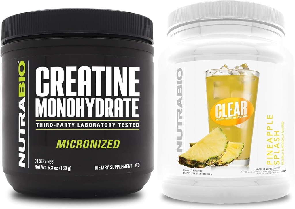NutraBio Creatine Monohydrate, Unflavored, (150 g) and Clear Whey Protein Isolate, (Pineapple Splash) Supplement Bundle – Muscle Energy, Maximum Growth, Recovery, and Strength