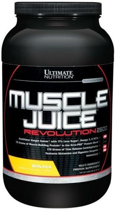 Ultimate Nutrition Muscle Juice Revolution 2600 Weight Gainer, Muscle Recovery with Glutamine, Micellar Casein and Time Release Complex Carbohydrates, Banana Protein Powder, 4.69 Pounds