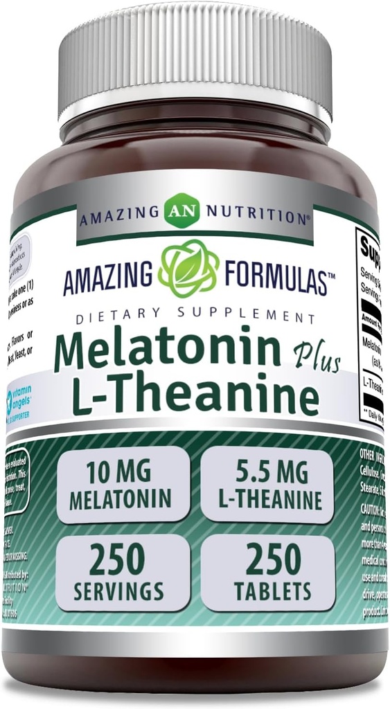 Amazing Formulas Melatonin Plus L-Theanine 10 mg Tablets Supplement | Non-GMO | Gluten Free | Made in USA (10 mg, 250, Count)