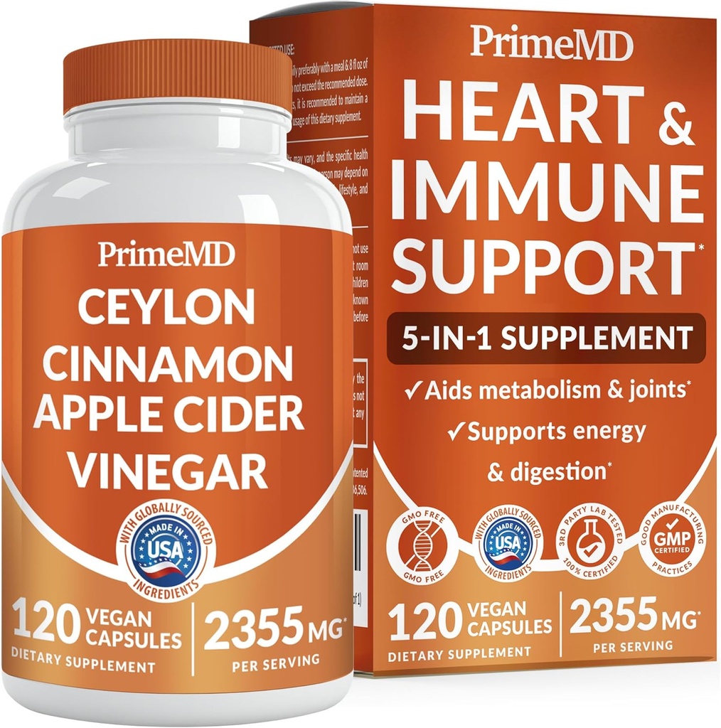 5-in-1 Ceylon Cinnamon Capsules 2355mg - Ceylon Cinnamon and Apple Cider Vinegar with Turmeric, Panax Ginseng, Cinnamon, and Bioperine, 120 ct