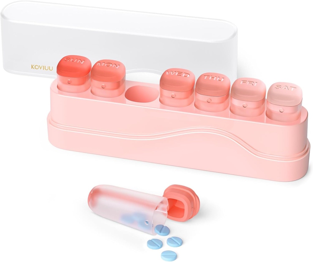 Weekly Pill Organizer 1 Time a Day, KOVIUU Removable Pill Box 7 Day, Portable Travel Pill Case, Once Daily Medication Container Holder, Week Pillbox Dispenser for Vitamin Medicine Supplement, Pink