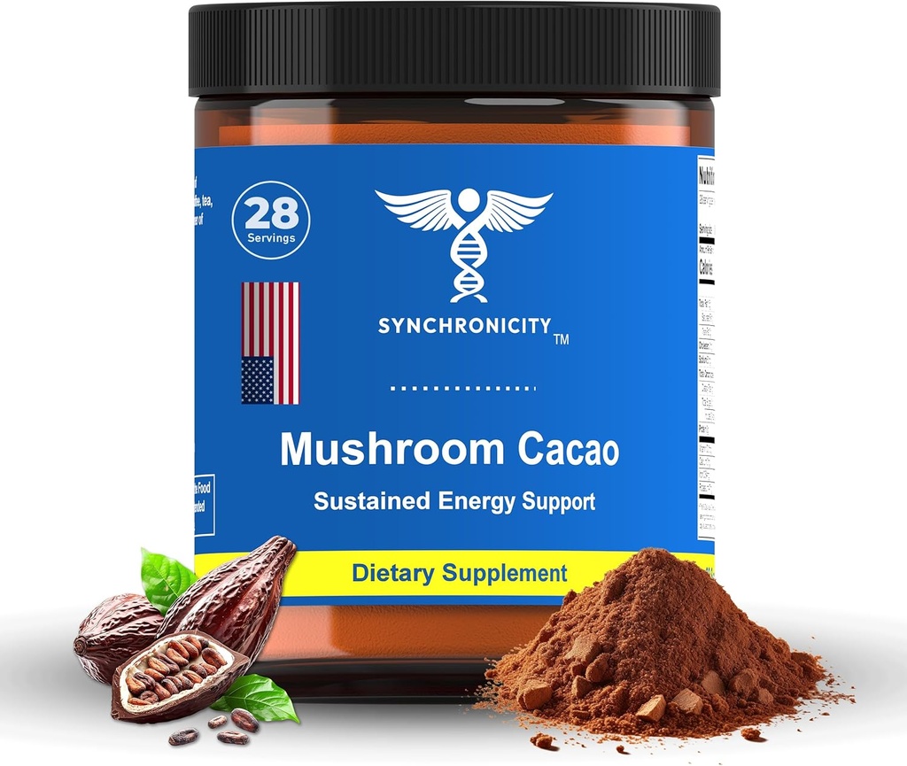 Mushroom Cacao Adaptogen Energy & Focus Drink Powder Supplement. Potent 8:1 Lions Mane, Cordyceps & 3 Cocoa/Cacao Extract Blend from Yale DRS. All Natural Coffee Alt Nootropic & Nutrient Superfood