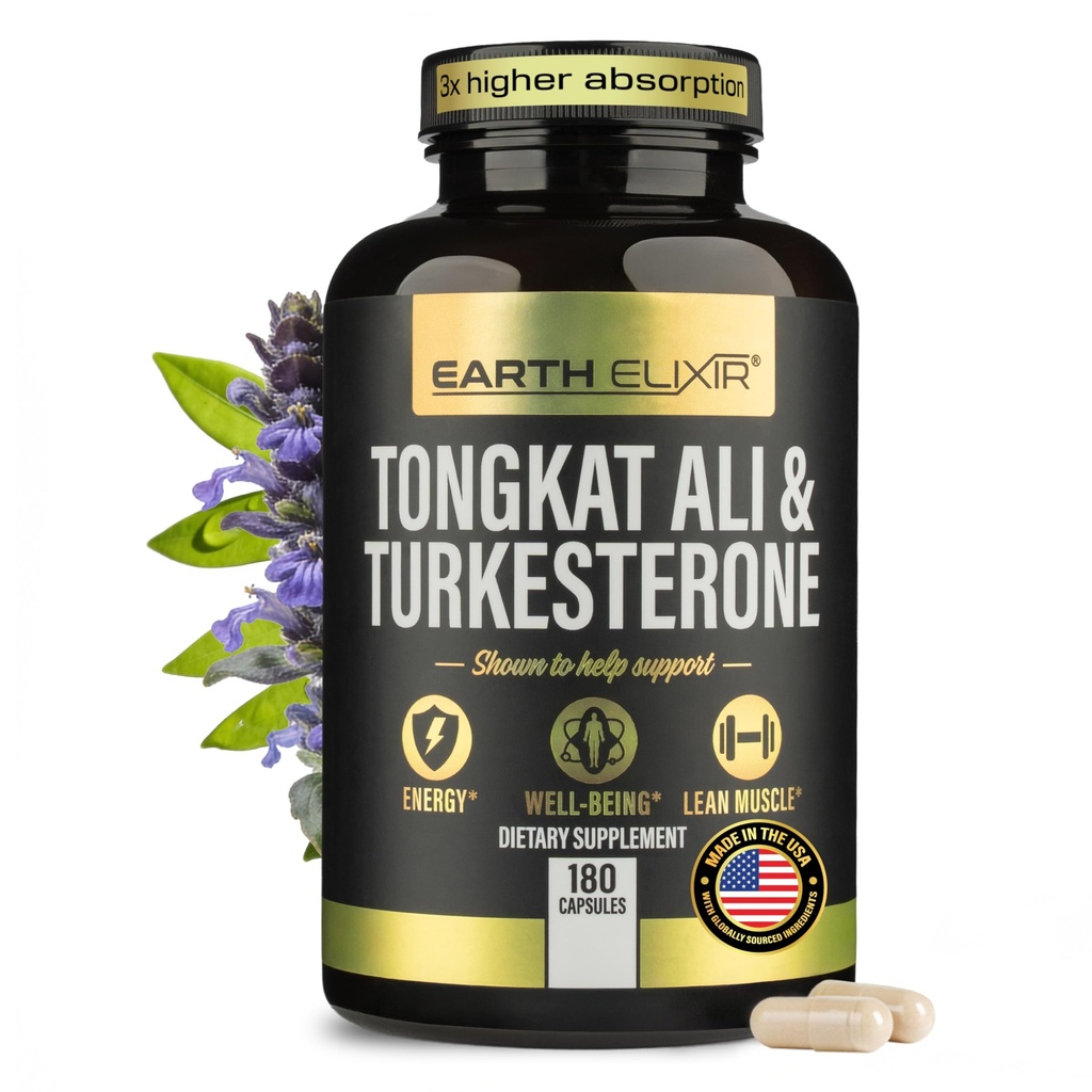Earth Elixir Turkesterone & Tongkat Ali for Men – Natural Testosterone Support, 2-in-1 High Potency Turkesterone Supplement for Men & Women - Made in USA & 3rd Party Tested