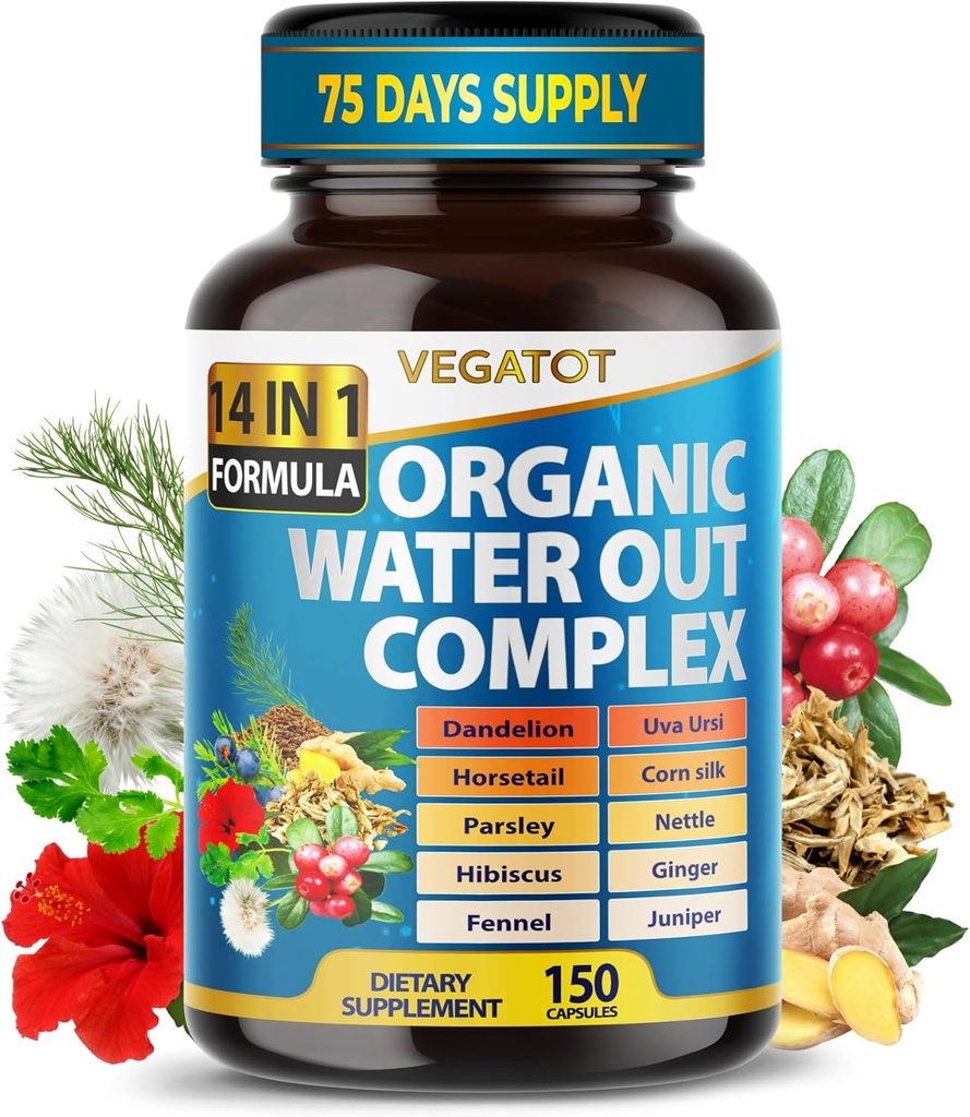 VEGATOT Organic Water Out Complex - 14-in-1 Formula - with Dandelion Uva Ursi Horsetail Corn Silk Parsley Nettle Hibiscus Ginger