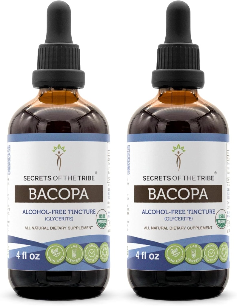 Bacopa USDA Organic | Alcohol-FREE Extract, High-Potency Herbal Drops, Relaxation, Positive Cognitive Effect | Made from 100% Certified Organic Bacopa (Bacopa Monnieri) Dried Herb 2x4 oz